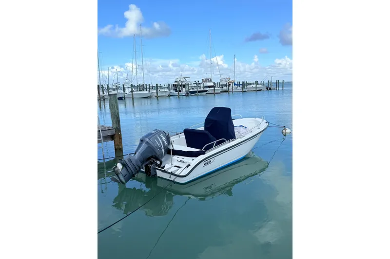 Slide: The Image of 2003 Boston Whaler 180 Dauntless boat docked in a serene marina setting. - 2