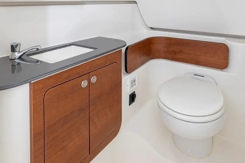 Slide: The Image of Luxurious bathroom in 2026 Pursuit DC 286 Dual Console boat with wood accents. - 19