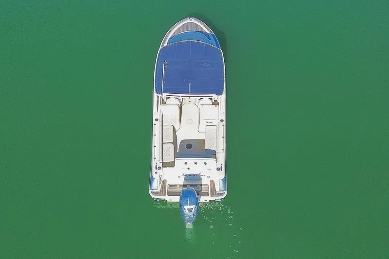 Slide: The Image of Aerial view of a 2018 Chris-Craft Calypso 26 on green water. - 42