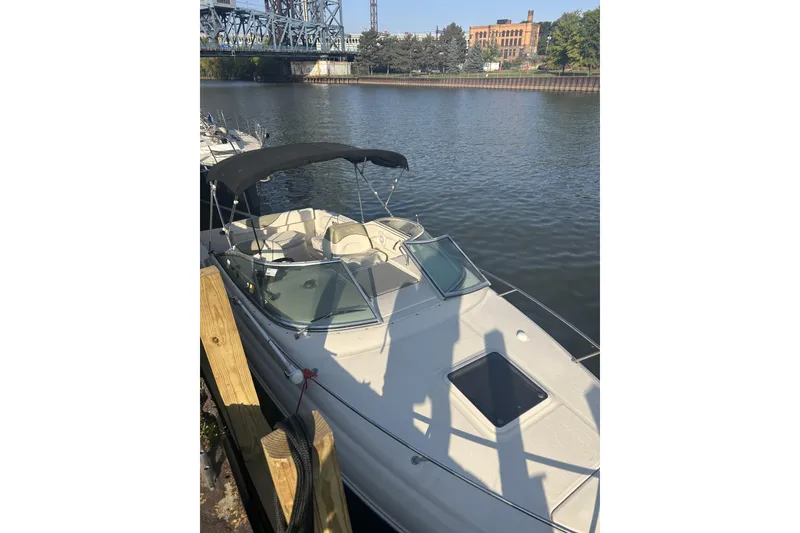 Slide: The Image of 2007 Sea Ray 250 Amberjack boat docked by riverside. - 3