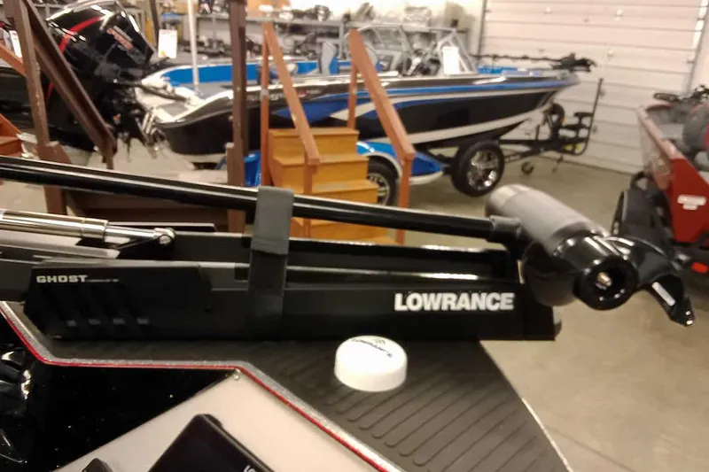 Slide: The Image of 2026 Ranger 621FS Fisherman with Lowrance Ghost trolling motor in showroom. - 14