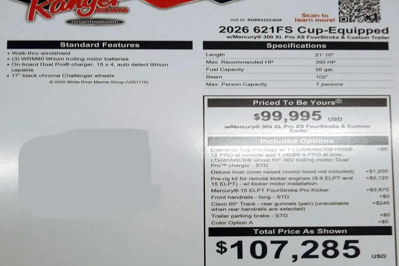 Slide: The Image of 2026 Ranger 621FS Fisherman boat specifications and pricing details. - 7