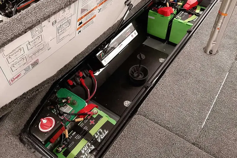 Slide: The Image of 2026 Ranger Z521R Cup-Equipped boat battery compartment with wiring and components. - 28
