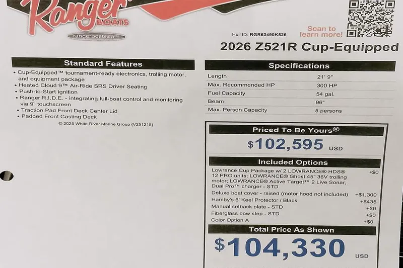 Slide: The Image of 2026 Ranger Z521R Cup-Equipped boat features, specifications, and pricing details. - 3