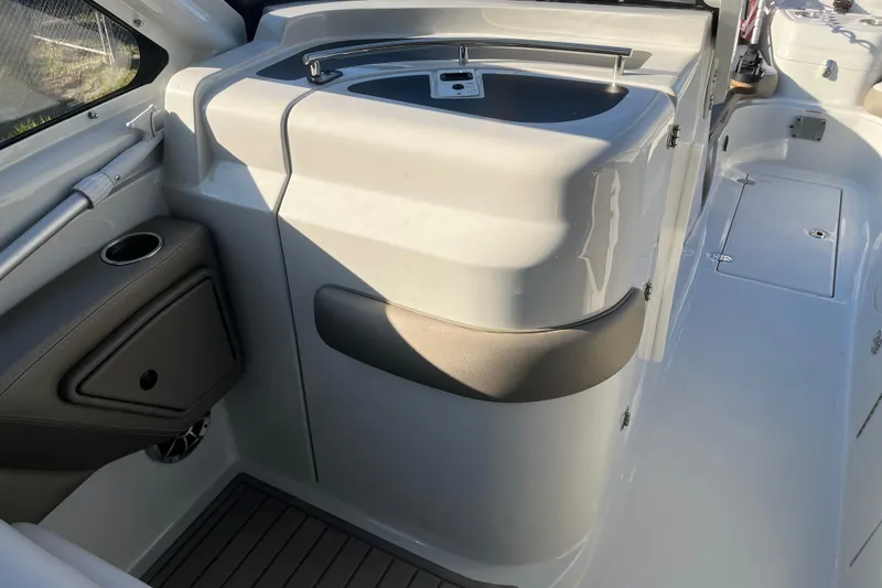 Slide: The Image of 2022 Finseeker 280 DC boat interior with sleek design and modern amenities. - 1