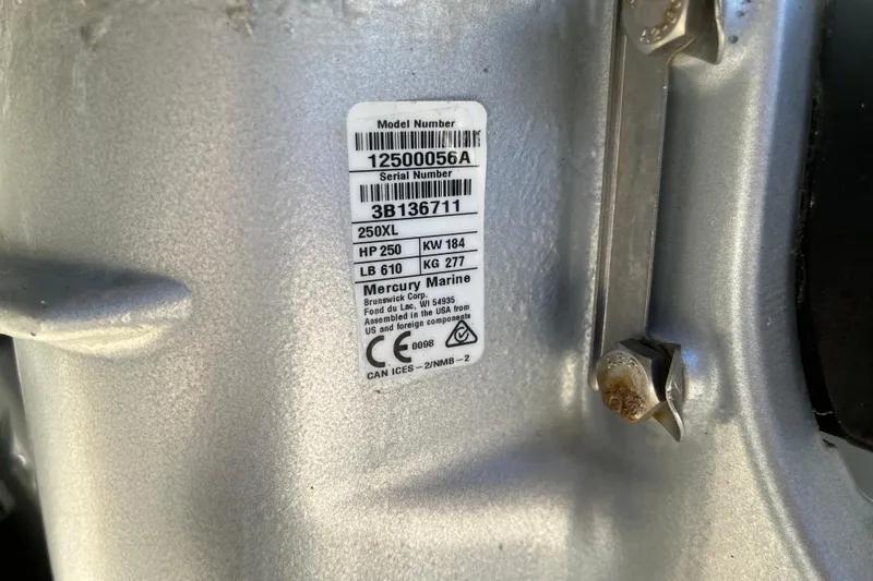 Slide: The Image of Label on Mercury Marine engine, displaying model and serial numbers, attached to Finseeker 280 DC 2022. - 22
