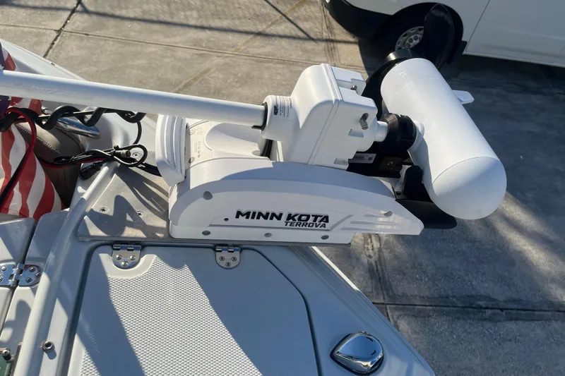 Slide: The Image of Minn Kota Terrova trolling motor on 2022 Finseeker 280 DC boat deck. - 32