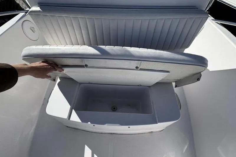 Slide: The Image of 2002 Pro-Line 19 Sport boat seat with storage compartment open. - 7