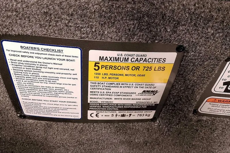 Slide: The Image of Ranger VS1682SC Angler 2026 boat capacity label, 5 persons or 725 lbs, safety checklist included. - 19