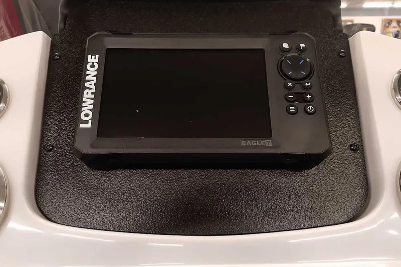 Slide: The Image of Lowrance Eagle 7 fishfinder on 2026 Ranger VS1682SC Angler boat dashboard. - 22