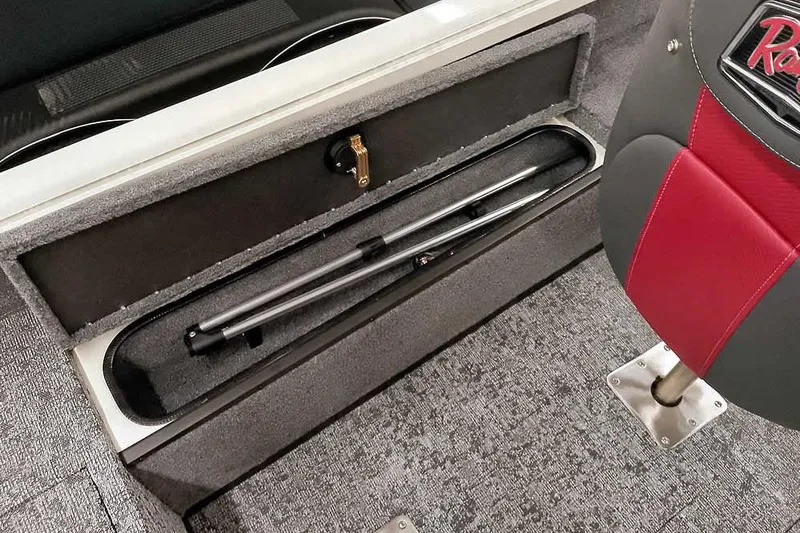 Slide: The Image of 2026 Ranger VS1682SC Angler boat interior with storage compartment and red seat. - 24