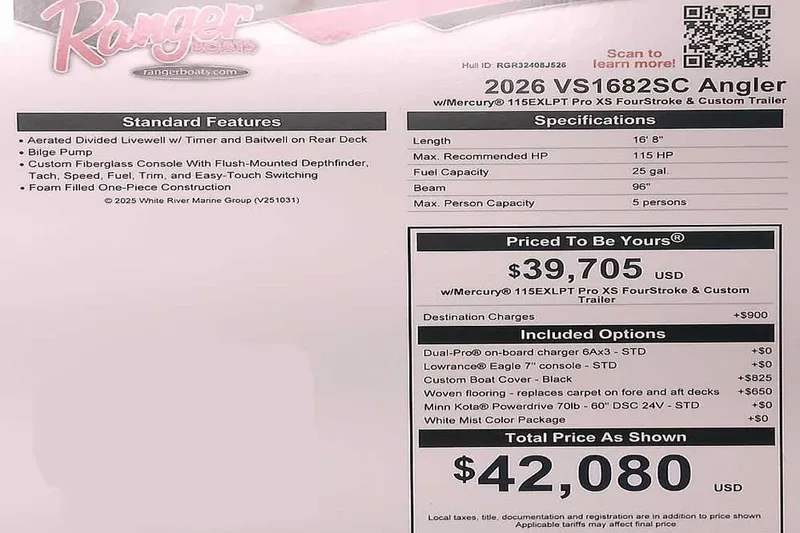 Slide: The Image of 2026 Ranger VS1682SC Angler boat specifications and pricing details. - 5