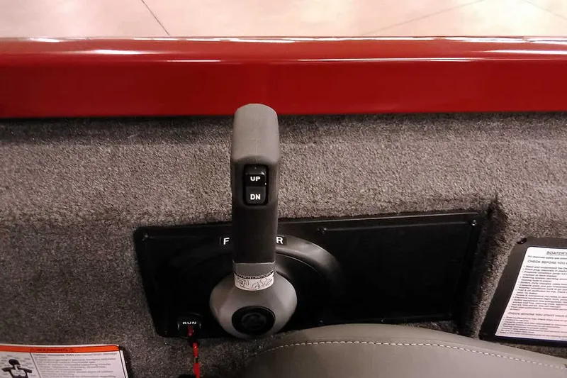 Slide: The Image of 2026 Ranger RT188 boat throttle control with "UP" and "DN" buttons, gray and red design. - 19