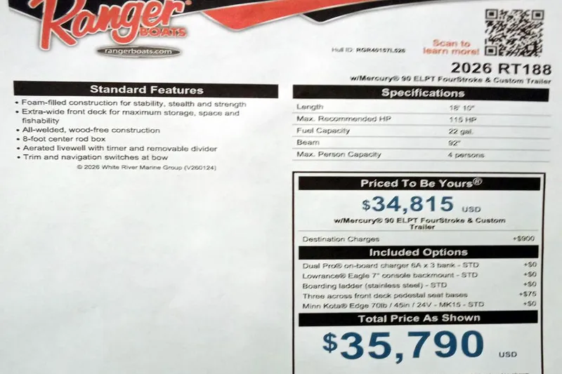 Slide: The Image of 2026 Ranger RT188 boat features, specifications, and pricing details with included options. - 3
