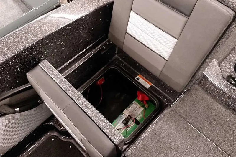 Slide: The Image of 2026 Ranger 2050MS Reata boat seat with storage compartment and battery. - 40