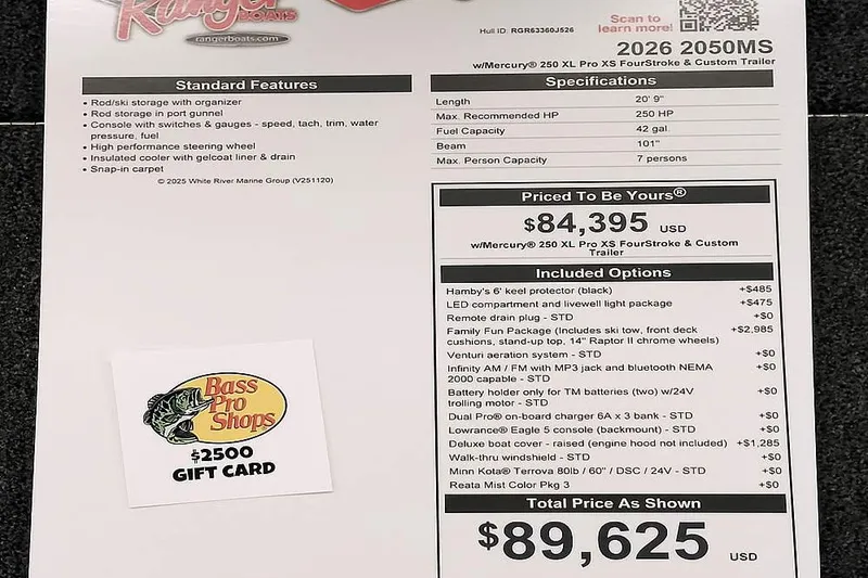 Slide: The Image of 2026 Ranger 2050MS Reata boat features and pricing with Bass Pro Shops gift card offer. - 45