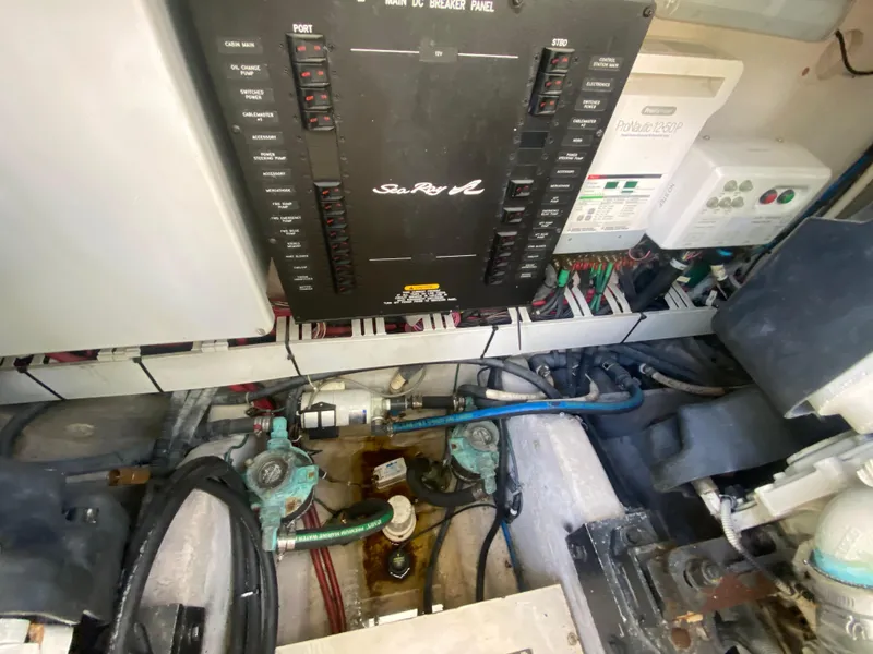Slide: The Image of Electrical panel and components inside a 2012 Sea Ray 450 Sundancer yacht. - 30