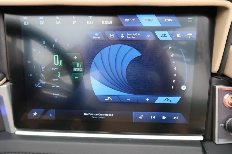Slide: The Image of 2025 MasterCraft XT22 dashboard display showing surf mode settings and controls. - 40