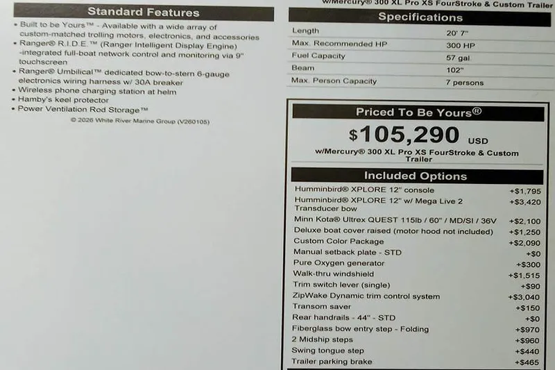 Slide: The Image of Ranger 620xFS Pro 2026 boat features, specifications, and pricing details with optional upgrades. - 3