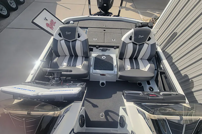 Slide: The Image of 2023 Ranger Z520R boat interior with dual seats and advanced control panel. - 8