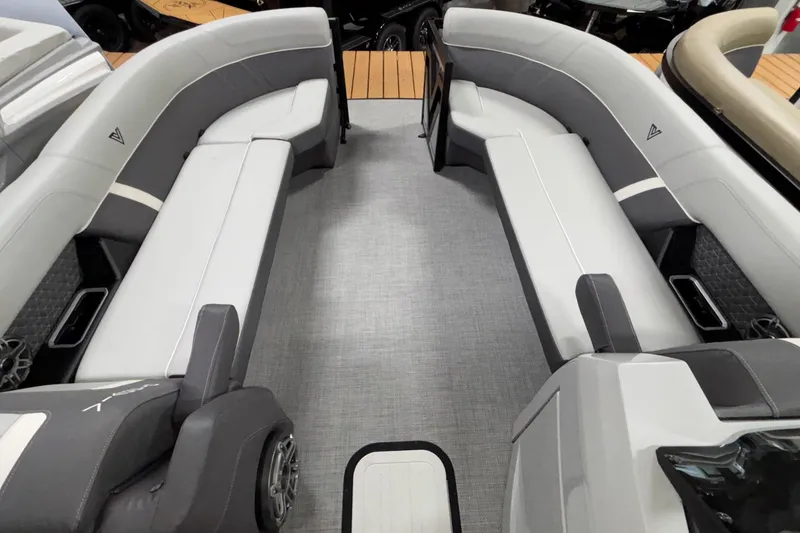 Slide: The Image of Interior of 2026 Viaggio Lago Z24U boat with sleek gray seating and modern design. - 11