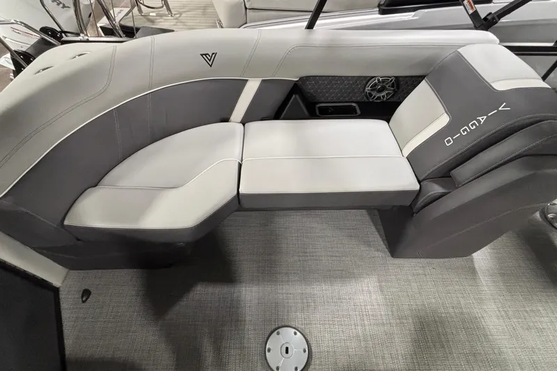 Slide: The Image of 2026 Viaggio Lago Z24U boat interior with sleek gray seating and modern design. - 3