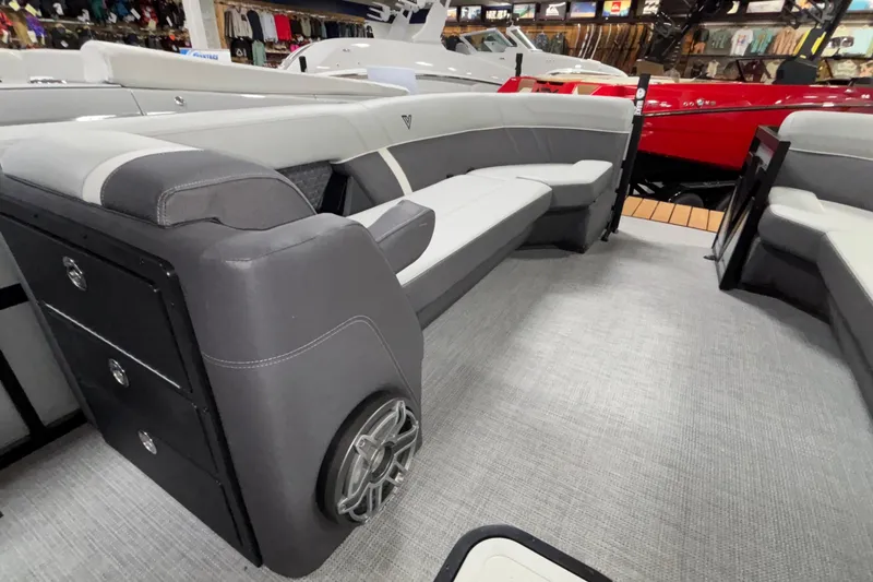 Slide: The Image of Interior of 2026 Viaggio Lago Z24U boat with sleek seating and modern design. - 10