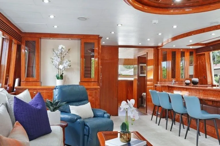 Slide: The Image of Luxurious interior of 2003 Hargrave Sky Lounge yacht with elegant seating and wooden finishes. - 18