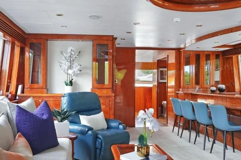 Slide: The Image of Luxurious interior of 2003 Hargrave Sky Lounge yacht with elegant seating and wooden finishes. - 19