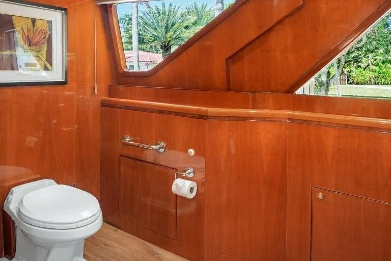Slide: The Image of Luxurious 2003 Hargrave Sky Lounge yacht bathroom with wooden interior and scenic window view. - 47