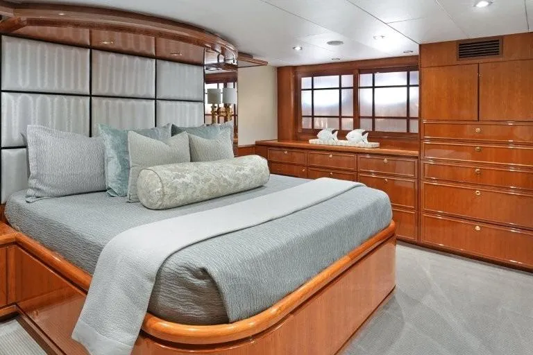 Slide: The Image of Luxurious bedroom interior of 2003 Hargrave Sky Lounge yacht with elegant wood finishes. - 49