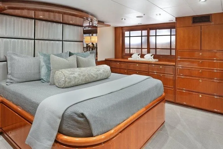 Slide: The Image of Luxurious bedroom interior of 2003 Hargrave Sky Lounge yacht with elegant wood finishes. - 50