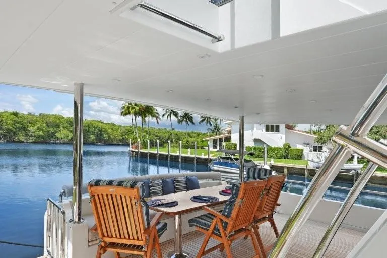 Slide: The Image of Luxurious 2003 Hargrave Sky Lounge yacht with elegant outdoor dining area by the water. - 6