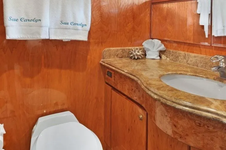 Slide: The Image of Luxurious bathroom in 2003 Hargrave Sky Lounge yacht with elegant wood and marble finishes. - 69