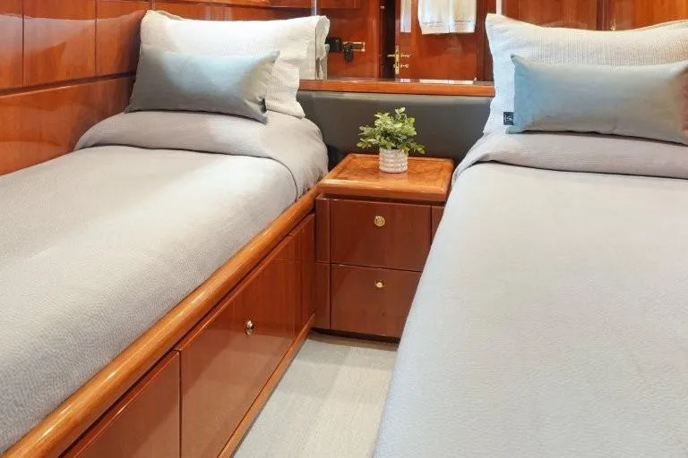 Slide: The Image of Luxurious twin cabin in 2003 Hargrave Sky Lounge yacht with elegant wood finish. - 72