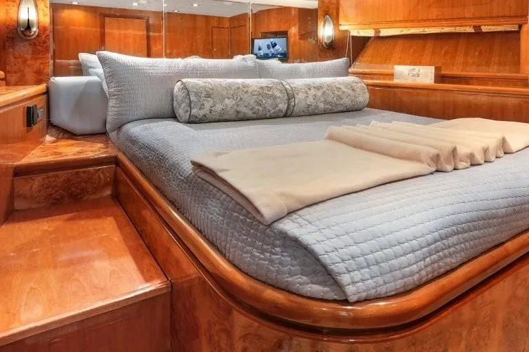 Slide: The Image of Luxurious bedroom interior of 2003 Hargrave Sky Lounge yacht with elegant bedding and wood finish. - 75
