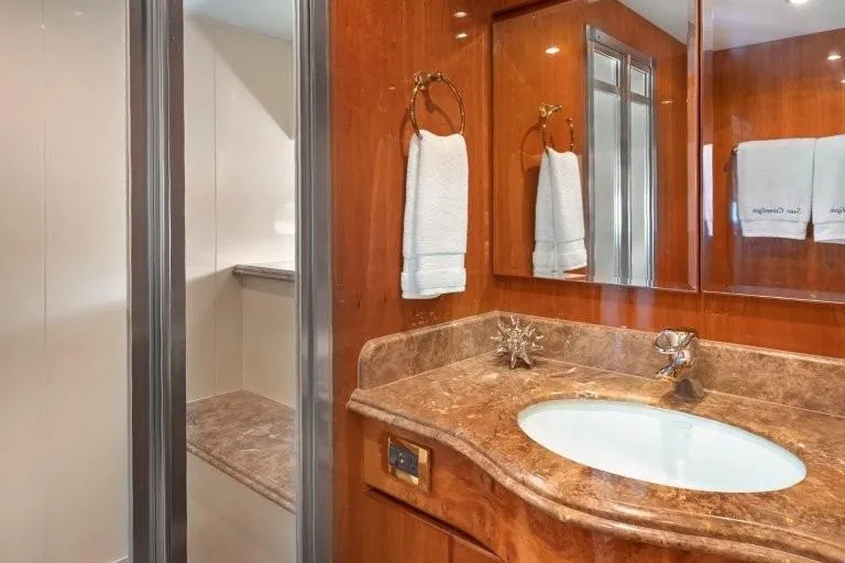 Slide: The Image of Luxurious bathroom in 2003 Hargrave Sky Lounge yacht with marble countertop and elegant fixtures. - 77