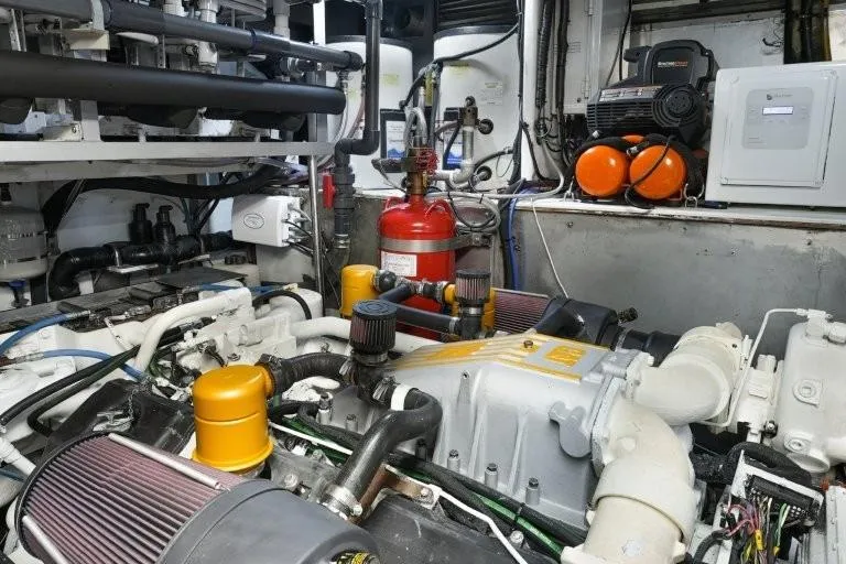 Slide: The Image of Engine room of 2003 Hargrave Sky Lounge yacht with visible machinery and equipment. - 81