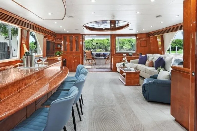 Slide: The Image of Luxurious interior of 2003 Hargrave Sky Lounge yacht with elegant seating and dining area. - 9