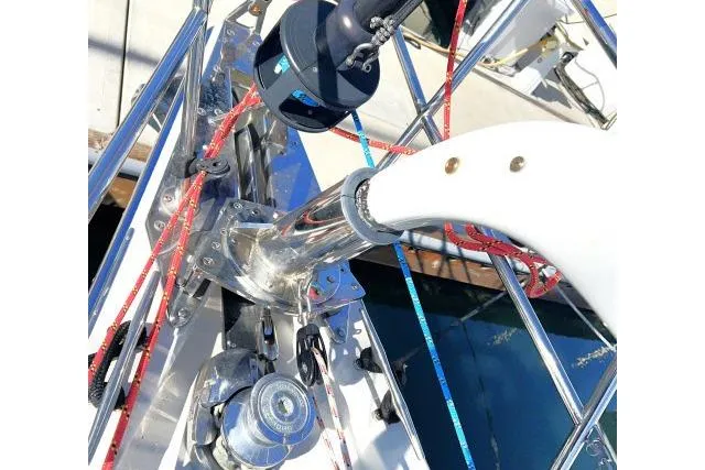 Slide: The Image of Close-up of Blue Jacket 40 sailboat rigging and winch, 2015 model. - 41