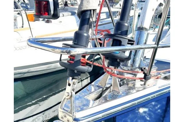Slide: The Image of Close-up of a 2015 Blue Jacket 40 sailboat's bow with rigging and hardware. - 42