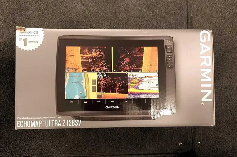 Slide: The Image of Garmin ECHOMAP Ultra 126SV box on carpet, featuring advanced mapping technology. - 34