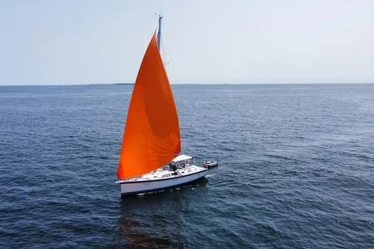 Slide: The Image of Sailing yacht Hallberg-Rassy 40C 2021 with vibrant orange sail on open sea. - 6