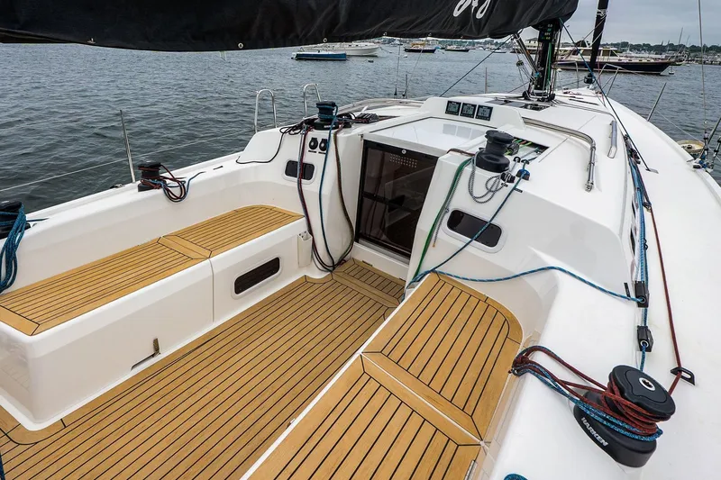 Slide: The Image of 2026 J Boats J/40 sailboat cockpit with teak flooring and modern rigging. - 13