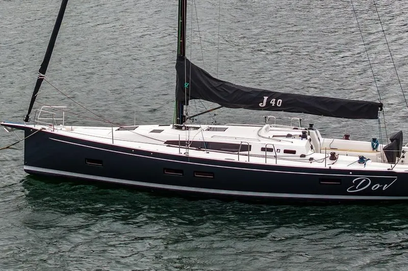 Slide: The Image of 2026 J Boats J/40 sailboat on water, sleek design, black hull, white deck. - 8