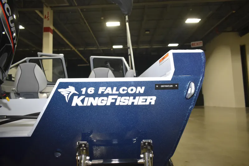 Slide: The Image of 2026 KingFisher 16 Falcon boat with serial number QBSY9647L526 displayed on blue hull. - 19