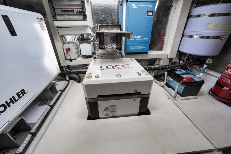 Slide: The Image of Engine room of 2023 Pardo Yachts P43 featuring Quick Gyro stabilizer and Victron Energy charger. - 24