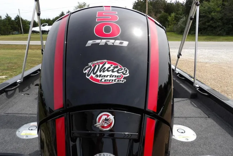 Slide: The Image of 2025 Crestliner 1850 Fish Hawk Tiller with 150 Pro engine, featuring White's Marine Center logo. - 54