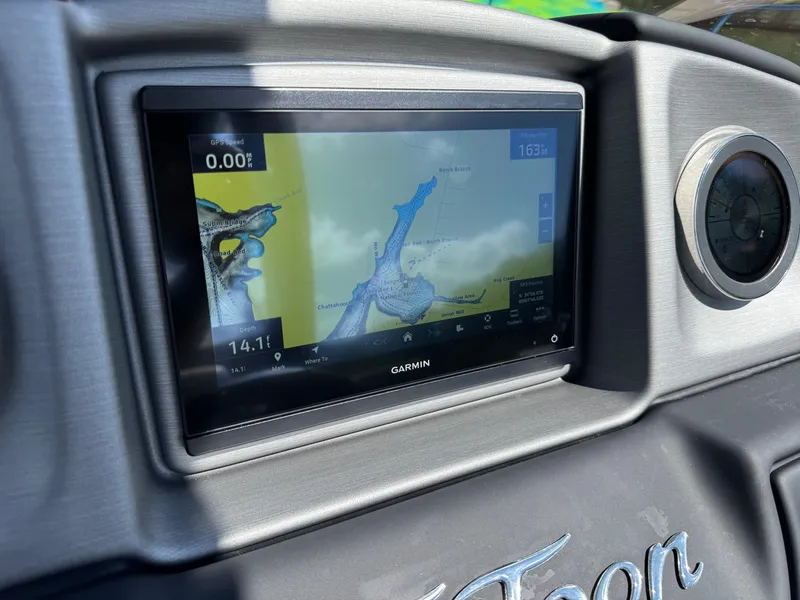 Slide: The Image of Garmin navigation display on JC SportToon 24 TT DSL, 2026 model, showing map and depth information. - 18