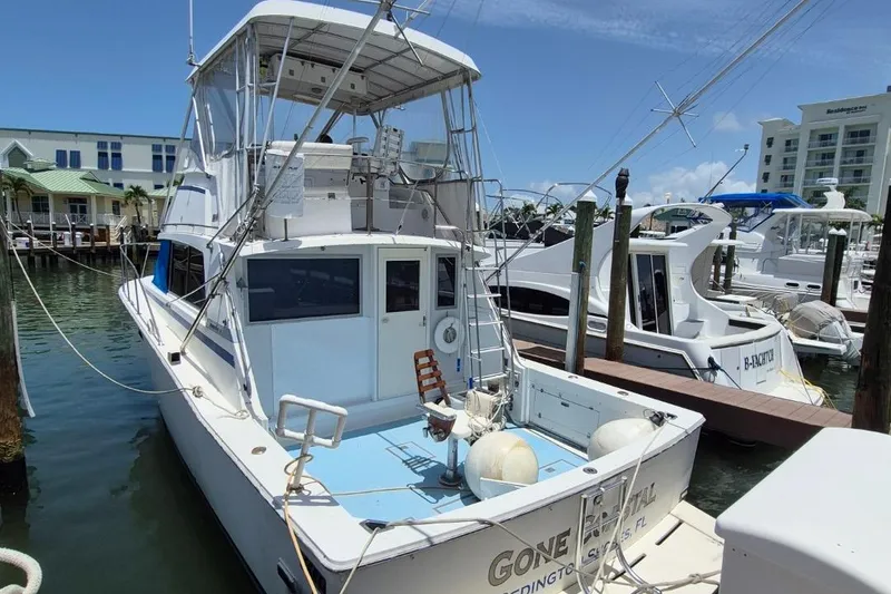 Slide: The Image of 1982 Bertram 38 Convertible yacht docked at marina, featuring spacious deck and fishing equipment. - 2